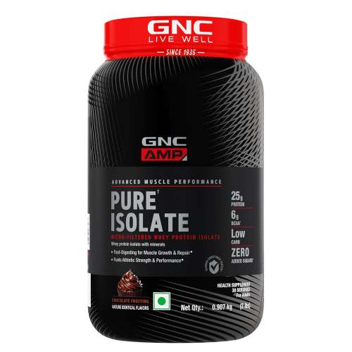 GNC: AMP Pure Isolate Low Carb | Boosts Athletic Performance | 25gm Protein | 6gm BCAA | Chocolate Frosting | 2 lbs