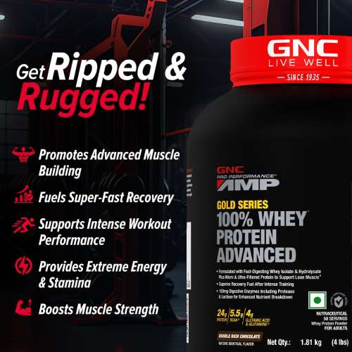 GNC: AMP Gold Series 100% Whey Protein Advanced  | 24gm Protein | 5.5gm BCAA | 4gm Glutamine | Double Rich Chocolate | 4 lbs GNC: AMP Gold Series 100% Whey Protein Advanced  | 24gm Protein | 5.5gm BCAA | 4gm Glutamine | Double Rich Chocolate | 4 lbs