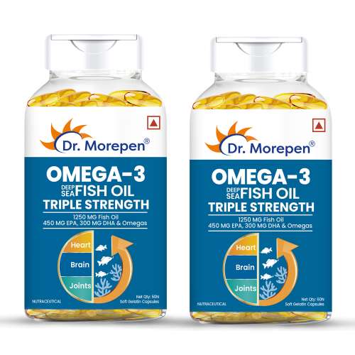 Dr. Morepen: Omega 3 Deep Sea Fish Oil Triple Strength for Healthy Heart, Brain & Joints, 1250mg with 900mg DHA & EPA - 60 Softgels Pack of 2