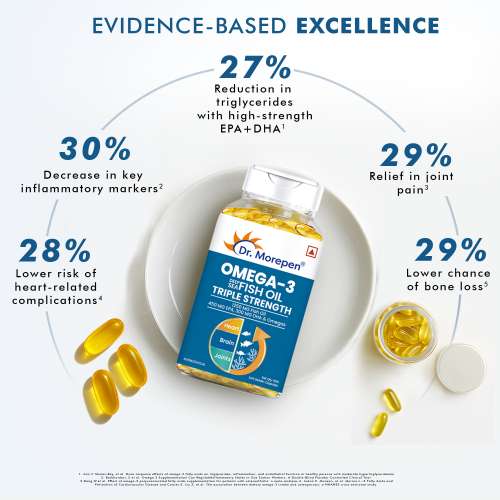 Dr. Morepen: Omega 3 Deep Sea Fish Oil Triple Strength for Healthy Heart, Brain & Joints, 1250mg with 900mg DHA & EPA - 60 Softgels Pack of 2