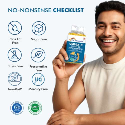 Dr. Morepen: Omega 3 Deep Sea Fish Oil Triple Strength for Healthy Heart, Brain & Joints, 1250mg with 900mg DHA & EPA - 60 Softgels Pack of 2