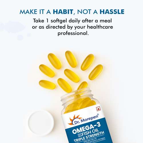 Dr. Morepen: Omega 3 Deep Sea Fish Oil Triple Strength for Healthy Heart, Brain & Joints, 1250mg with 900mg DHA & EPA - 60 Softgels Pack of 2