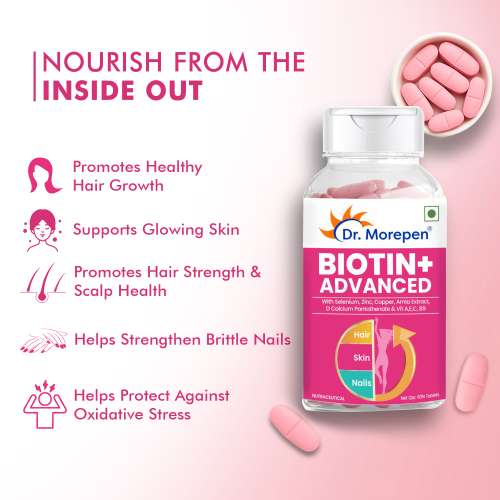 Dr. Morepen: Biotin for Hair Growth, Glowing Skin & Healthy Nails - 60 Veg Tablets Pack of 2