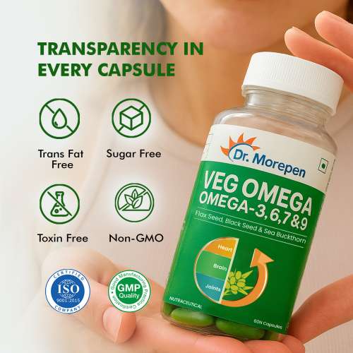 Dr. Morepen: Veg Omega 3 6 7 9 Capsules 500mg for Healthy Heart, Brain & Joints - 60 Veg Capsules Pack of 2