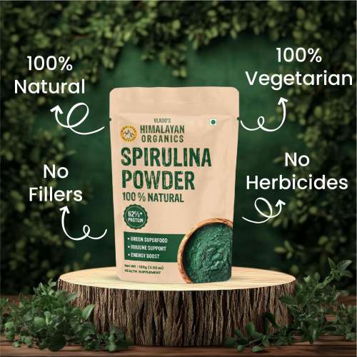 Vlado's Himalayan Organics: Vlado's Himalayan Organics Spirulina Powder (100g) | For Men & Women | Contains 62% Protein I Natural Superfood | Rich in Protein, Vitamins & Minerals | Boost Energy & Immunity | Support Digestion & Skin health  100gm