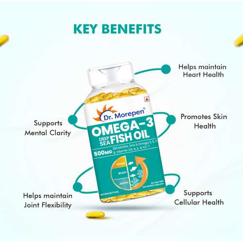 Dr. Morepen: Omega 3 Deep Sea Fish Oil for Healthy Heart, Brain & Joints, 500mg with 300mg DHA & EPA - 60 Softgels Pack of 2