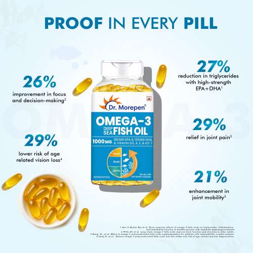 Dr. Morepen: Omega 3 Deep Sea Fish oil for Heart, Brain & Joints, 1000 mg Omega with 300 mg DHA with Vitamin A, D3, E & K27 | 60 Softgel