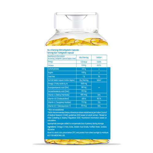 Dr. Morepen: Omega 3 Deep Sea Fish oil for Heart, Brain & Joints, 1000 mg Omega with 300 mg DHA with Vitamin A, D3, E & K27 | 60 Softgel