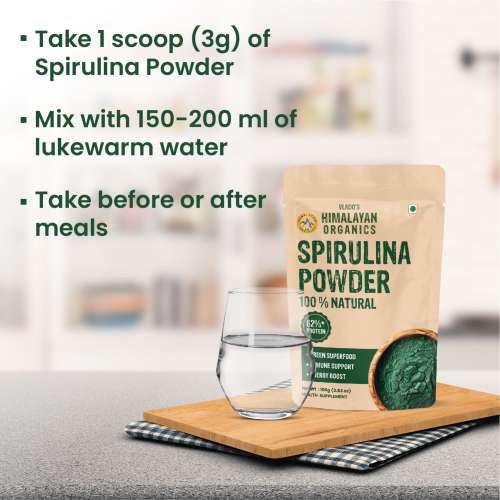 Vlado's Himalayan Organics: Vlado's Himalayan Organics Spirulina Powder (100g) | For Men & Women | Contains 62% Protein I Natural Superfood | Rich in Protein, Vitamins & Minerals | Boost Energy & Immunity | Support Digestion & Skin health  100gm