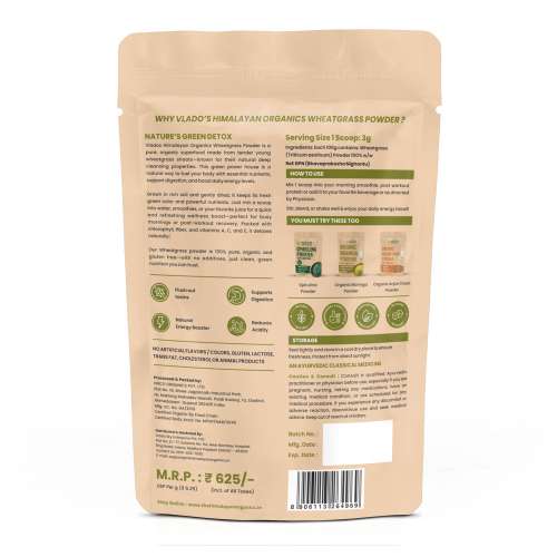 Vlado's Himalayan Organics: Vlado's Himalayan Organics 100% Natural Organic Wheatgrass Powder | USDA Certified| Organic Wheatgrass Juice | Ayurvedic Support For Natural Detox | Immunity Booster | Herbal Supplement - 100gm