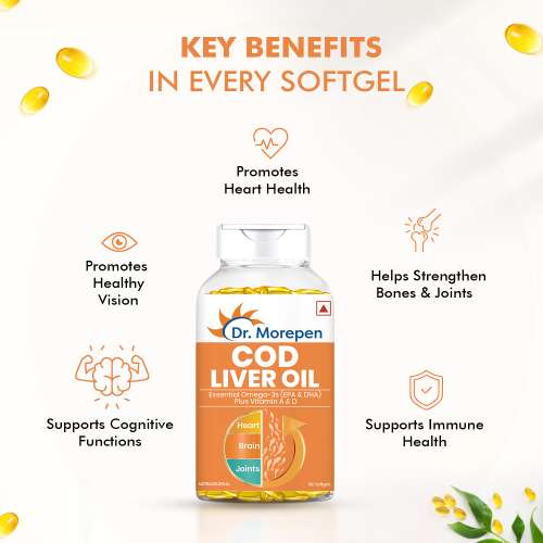 Dr. Morepen: COD Liver Oil Capsules with Natural Omega 3, Vitamin A & D for Healthy Heart, Brain, Eyes & Joints - 100 Softgels Pack of 2