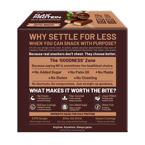 RiteBite Max Protein: RiteBite Max Protein Wafer Bars with Millets, Coffee Mousse (Pack of 12), 10g Protein, No Maida, No Palm Oil, Zero Added Sugar, Healthy Wafer Snack, 480gm