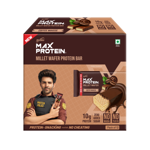 RiteBite Max Protein: RiteBite Max Protein Wafer Bars with Millets, Coffee Mousse (Pack of 12), 10g Protein, No Maida, No Palm Oil, Zero Added Sugar, Healthy Wafer Snack, 480gm