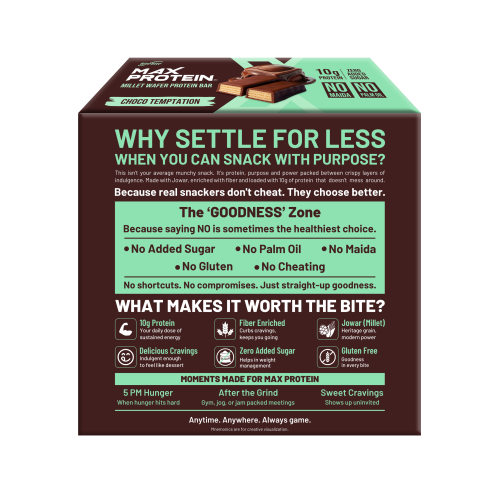 RiteBite Max Protein: RiteBite Max Protein Wafer Bars with Millets, Choco Temptation (Pack of 12), 10g Protein, No Maida, No Palm Oil, Zero Added Sugar, Healthy Wafer Snack, 480gm