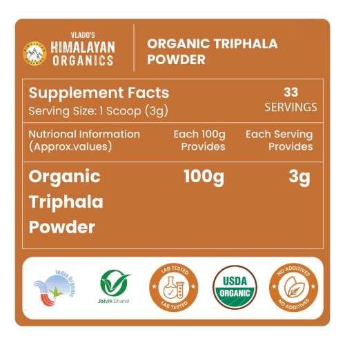 Vlado's Himalayan Organics:  Triphala Powder - 100 GM | Triphala Churna For Gut, Immune & Intestinal Health | Colon & Digestion, For Balanced Bowel & Gut Health, Contains Bioactives and Antioxidants, GMP & NPOP Certified Organic I Helps Relieve Constipation | Herbal Supplement | Qui
