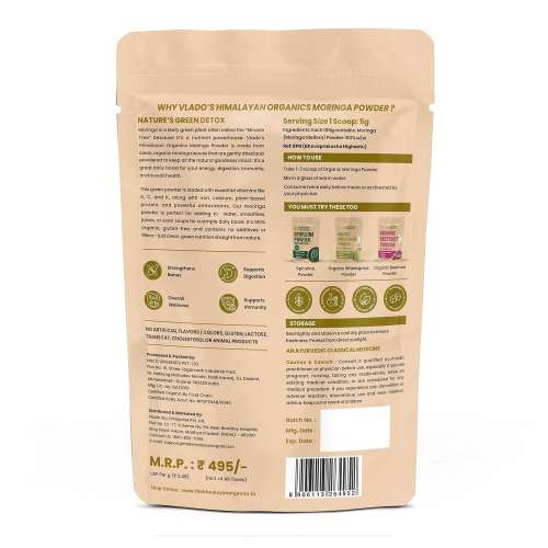 Vlado's Himalayan Organics: Vlado's Himalayan Organics 100% Organic Certified Moringa Powder - Natural Superfood with 120+ Nutrients, Antioxidants & Vitamins - Drumstick Leaf powder | Herbal Supplement I for Immunity, Digestion & Energy I  200gm