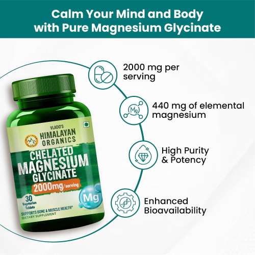 Vlado's Himalayan Organics: Vlado's Himalayan Organics Magnesium Glycinate High Absorption Magnesium Supplement 2000 MG - For Sleep, Cramps, Supports | Clinically Approven | Muscle Recovery & Better Sleep & Nerves Health - 30 Tablets - (100% RDA )