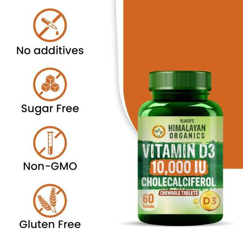 Vlado's Himalayan Organics: Vlado's Himalayan Organics Vitamin D3 10000IU - Chewable Vitamin D Tablets | Cholecalciferol Vitamin D3 Supplement for Bone & Immunity | Vitamin D3 Supplement for Women & Men | Orange Flavour - 60 Tablets