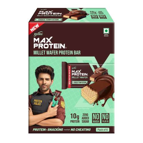RiteBite Max Protein: RiteBite Max Protein Choco Temptation Millet Wafer Bars (Pack of 6), 10g Protein, No Maida, No Palm Oil, Zero Added Sugar, Super Healthy Wafer Snack for You, 240gm