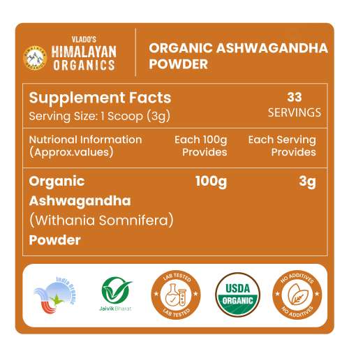 Vlado's Himalayan Organics: Vlado's Himalayan Organics 100% Organic Ashwagandha Powder 100gm - Withania Somnifera | Pure Ashwagandha Powder Organic -Support Muscle Recovery & Boost Energy Level | USDA Certified Ashwagandha Supplements for Vitality, Strength & Stress Management | 100