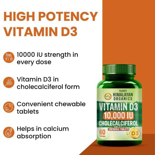 Vlado's Himalayan Organics: Vlado's Himalayan Organics Vitamin D3 10000IU - Chewable Vitamin D Tablets | Cholecalciferol Vitamin D3 Supplement for Bone & Immunity | Vitamin D3 Supplement for Women & Men | Orange Flavour - 60 Tablets