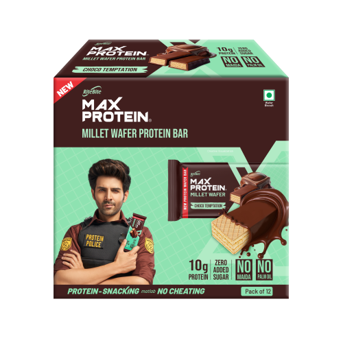RiteBite Max Protein: RiteBite Max Protein Wafer Bars with Millets, Choco Temptation (Pack of 12), 10g Protein, No Maida, No Palm Oil, Zero Added Sugar, Healthy Wafer Snack, 480gm