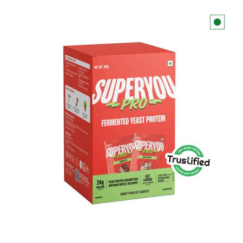 SuperYou: Superyou Pro Fermented Yeast Protein Assorted Box(Pack of 5) | 24g Protein | Peak Absorption | Superior Muscle Recovery | Gut Friendly + 1Bn CFU Probiotics | PDCAAS of 1 - 180gm