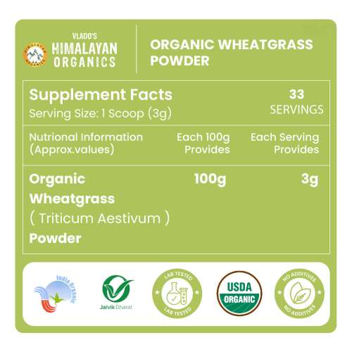 Vlado's Himalayan Organics:  100% Natural Organic Wheatgrass Powder | USDA Certified I Wheat Grass Powder | Organic Wheatgrass Juice | Ayurvedic Support For Natural Detox | Immunity Booster | Herbal Supplement - 100g