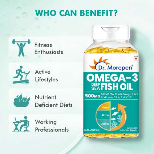 Dr. Morepen: Omega 3 Deep Sea Fish Oil for Healthy Heart, Brain & Joints, 500mg with 300mg DHA & EPA - 60 Softgels Pack of 2