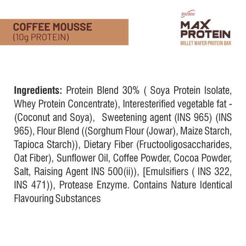 RiteBite Max Protein: RiteBite Max Protein Wafer Bars with Millets, Coffee Mousse (Pack of 12), 10g Protein, No Maida, No Palm Oil, Zero Added Sugar, Healthy Wafer Snack, 480gm