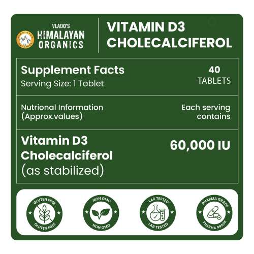 Vlado's Himalayan Organics: Vlado's Himalayan Organics Vitamin D3 60000 IU Tablets | Cholecalciferol I Vitamin D3 60k Supplement | Vitamin D 60000 iu Tablets | Cholecalciferol Supplement 60000iu for men & women | Orange Flavour - 40 Tablets