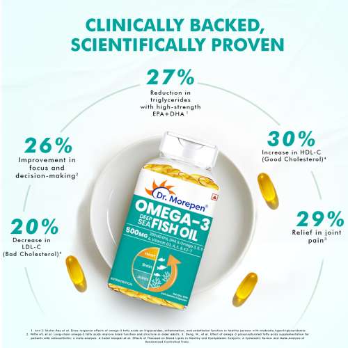 Dr. Morepen: Omega 3 Deep Sea Fish Oil for Healthy Heart, Brain & Joints, 500mg with 300mg DHA & EPA - 60 Softgels Pack of 2