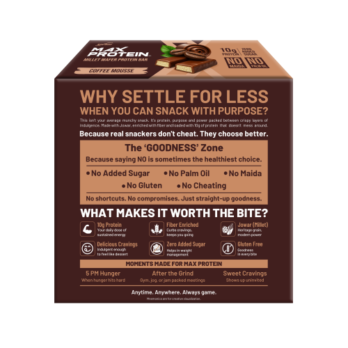 RiteBite Max Protein: RiteBite Max Protein Wafer Bars with Millets, Coffee Mousse (Pack of 12), 10g Protein, No Maida, No Palm Oil, Zero Added Sugar, Healthy Wafer Snack, 480gm