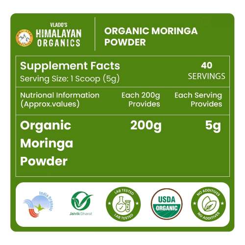 Vlado's Himalayan Organics: Vlado's Himalayan Organics 100% Organic Certified Moringa Powder - Natural Superfood with 120+ Nutrients, Antioxidants & Vitamins - Drumstick Leaf powder | Herbal Supplement I for Immunity, Digestion & Energy I  200gm