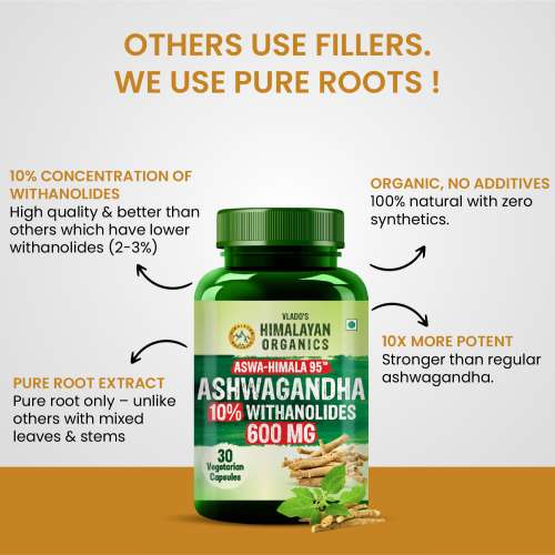 Vlado's Himalayan Organics: Vlado's Himalayan Organics Pure Ashwagandha -10% Withanolides with Ultra High Potency - 600MG - Highly Concentrated & Third-Party Lab Tested - Ayurvedic Supplement - Focus, Mood Support, Increase Energy, Strength - Enhanced Mood & Performance - 30 Capsule