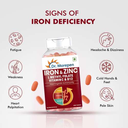 Dr. Morepen: Iron & Zinc Tablets with Vitamin C & B12 for Immunity & Hemoglobin Boost - 60 Veg Tablets Pack of 2