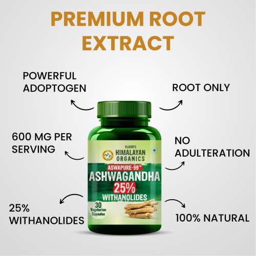 Vlado's Himalayan Organics: Vlado's Himalayan Organics Ashwagandha -25 % Withanolides with Maximum High Potency - 600MG - Highly Concentrated & Third-Party Lab Tested - Ayurvedic Supplement  I 1st in India - 30 Capsules