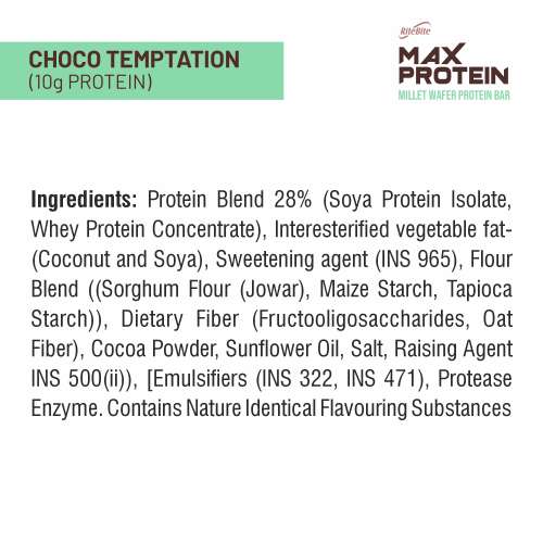 RiteBite Max Protein: RiteBite Max Protein Wafer Bars with Millets, Choco Temptation (Pack of 12), 10g Protein, No Maida, No Palm Oil, Zero Added Sugar, Healthy Wafer Snack, 480gm