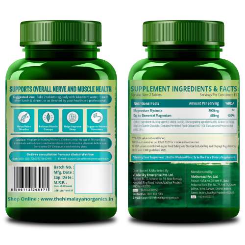Vlado's Himalayan Organics: Vlado's Himalayan Organics Magnesium Glycinate High Absorption Magnesium Supplement 2000 MG - For Sleep, Cramps, Supports | Clinically Approven | Muscle Recovery & Better Sleep & Nerves Health - 30 Tablets - (100% RDA )