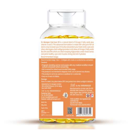Dr. Morepen: COD Liver Oil Capsules with Natural Omega 3, Vitamin A & D for Healthy Heart, Brain, Eyes & Joints - 100 Softgels Pack of 2