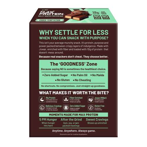 RiteBite Max Protein: RiteBite Max Protein Choco Temptation Millet Wafer Bars (Pack of 6), 10g Protein, No Maida, No Palm Oil, Zero Added Sugar, Super Healthy Wafer Snack for You, 240gm