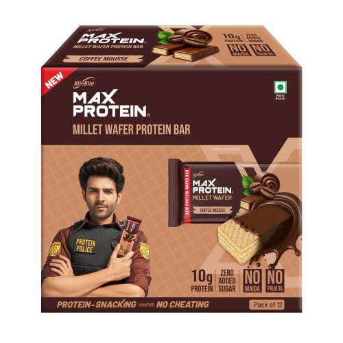 RiteBite Max Protein: RiteBite Max Protein Wafer Bars with Millets, Coffee Mousse (Pack of 12), 10g Protein, No Maida, No Palm Oil, Zero Added Sugar, Healthy Wafer Snack, 480gm