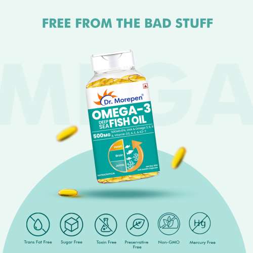 Dr. Morepen: Omega 3 Deep Sea Fish Oil for Healthy Heart, Brain & Joints, 500mg with 300mg DHA & EPA - 60 Softgels Pack of 2