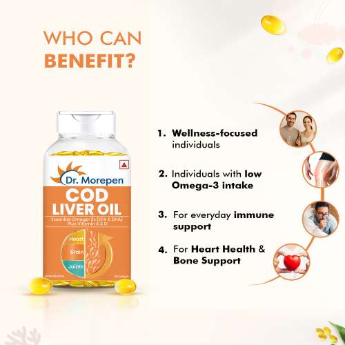 Dr. Morepen: COD Liver Oil Capsules with Natural Omega 3, Vitamin A & D for Healthy Heart, Brain, Eyes & Joints - 100 Softgels Pack of 2