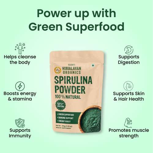 Vlado's Himalayan Organics: Vlado's Himalayan Organics Spirulina Powder (100g) | For Men & Women | Contains 62% Protein I Natural Superfood | Rich in Protein, Vitamins & Minerals | Boost Energy & Immunity | Support Digestion & Skin health  100gm