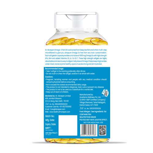 Dr. Morepen: Omega 3 Deep Sea Fish oil for Heart, Brain & Joints, 1000 mg Omega with 300 mg DHA with Vitamin A, D3, E & K27 | 60 Softgel