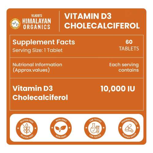 Vlado's Himalayan Organics: Vlado's Himalayan Organics Vitamin D3 10000IU - Chewable Vitamin D Tablets | Cholecalciferol Vitamin D3 Supplement for Bone & Immunity | Vitamin D3 Supplement for Women & Men | Orange Flavour - 60 Tablets