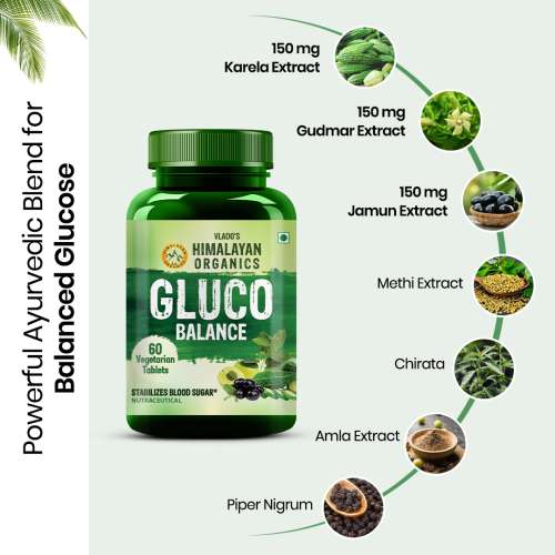 Vlado's Himalayan Organics: Plant Based Gluco Balance Insulin Resistance, Diabetes Control | Jamun, Bittermelon, Amla, Gudmar, Chirayta Extracts | 60 Veg Tablets