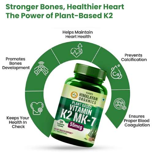Vlado's Himalayan Organics: Vlado's Himalayan Organics Plant-Based Vitamin K2 MK- 7 Supplement Supports Stronger Bone & Heart Health I 55 MCG / Serving - k2 supplements for Men & Women - 120 Veg Capsules