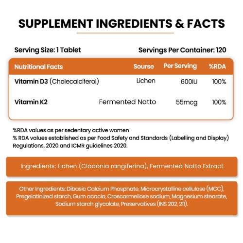Vlado's Himalayan Organics: Vlados Himalayan Organics Vitamin D3 600 IU + K2 as MK7 Supplement | Supports Stronger Immunity & Bone & Heart Health | Healthy Heart For Men And Women - 120 Veg Tablets